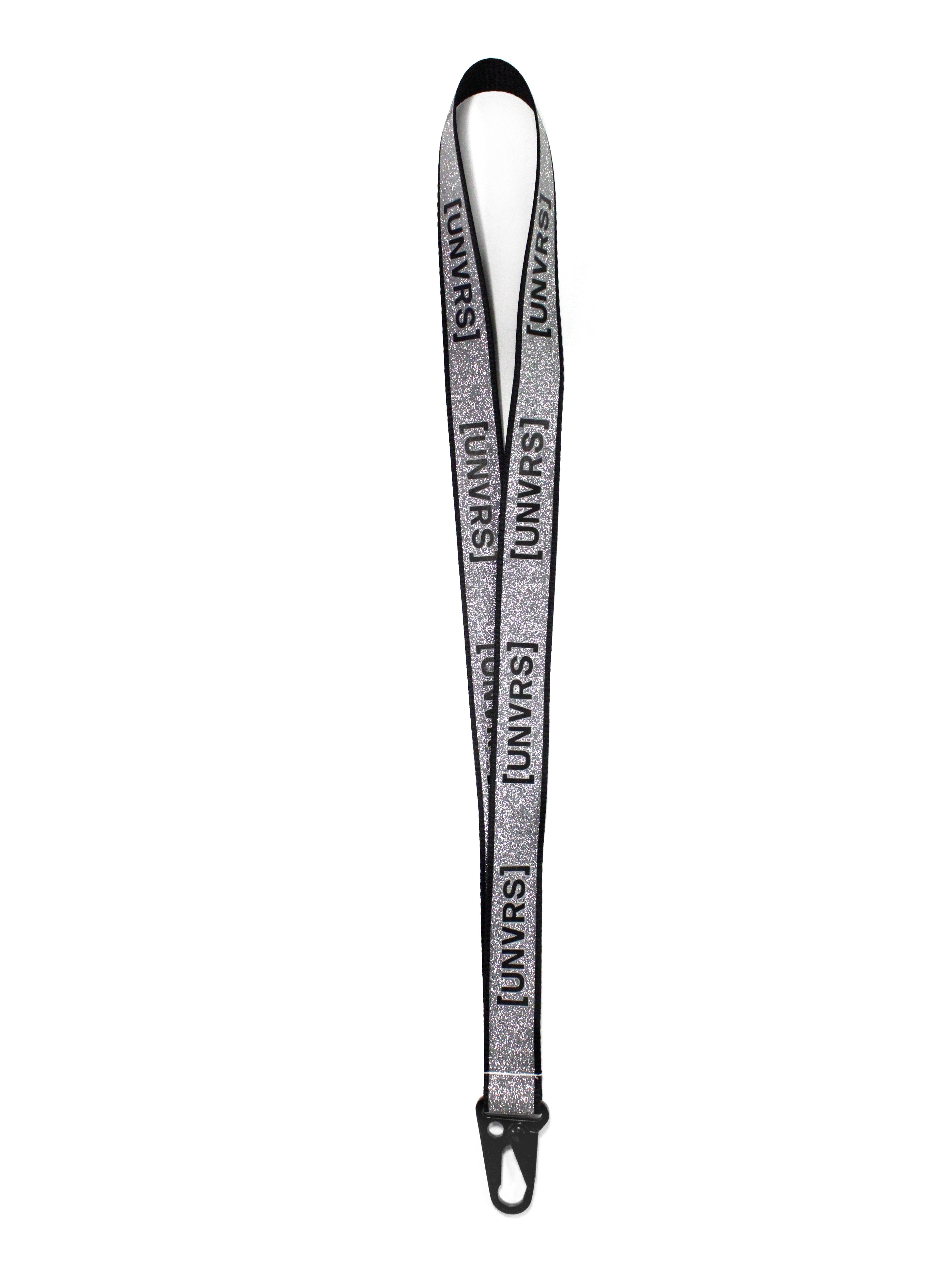 Silver glitter [UNVRS] lanyard with metal clasp and logo print