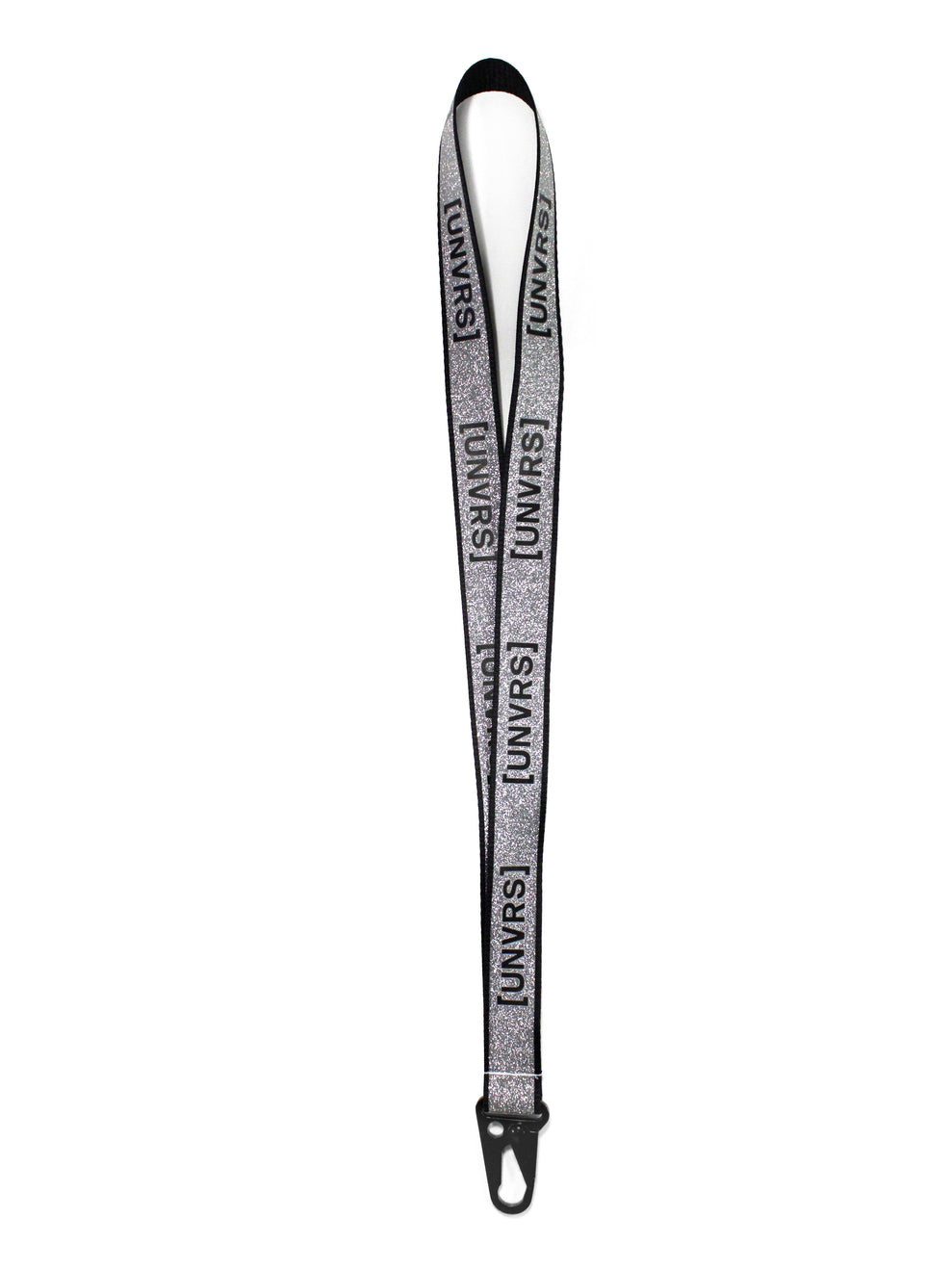 Silver glitter [UNVRS] lanyard with metal clasp and logo print